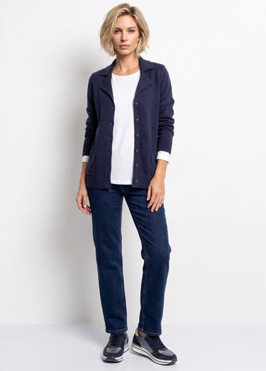 Gilet boutonné mi long col tailleur Marine