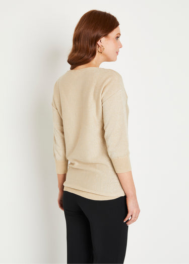 Pull mi-long uni brillant manches 3/4 col bateau Beige Irise