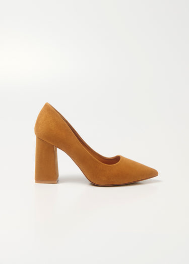 Escarpin talon haut large, finition daim Camel