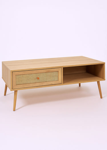 Table basse 1 tiroir, bois et cannage Marron
