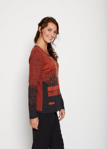 Pull chaud laine mérinos jacquard col rond Noir/Cuivre