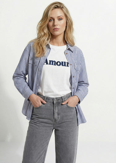 Chemise boutonnée en denim rayé Bleu Raye
