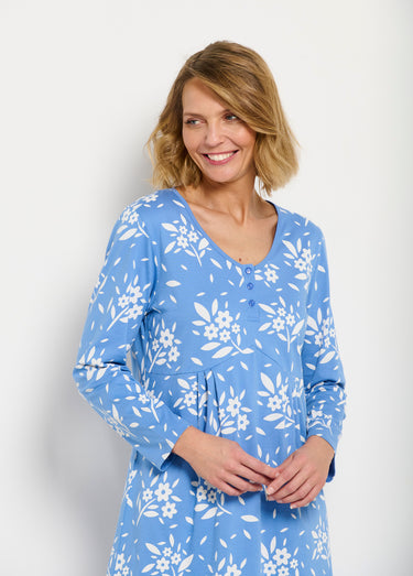 Chemise de nuit boutonnée coton mi longue fleurie Bleu