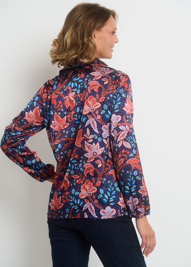 Blouse satin col V manches élastiquées Bleu / Orange