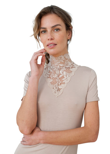 Maillot de corps col montant dentelle manches courtes Taupe