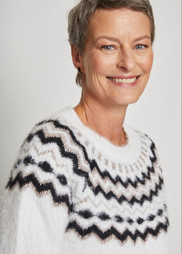 Pull col rond maille poilue jacquard soleil Blanc