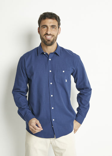 Chemise manches longues uni ou carreaux coton Bleu