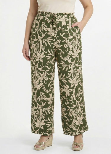 Pantalon taille élastiquée, motif fleuri Kaki/Beige