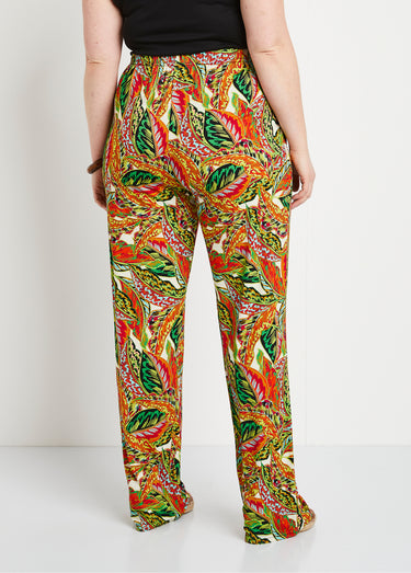 Pantalon ceinture élastiquée motif feuillage Vert/Rouge