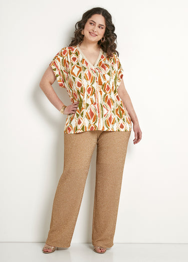 T-shirt col V ample manches courtes Vert/Terracotta