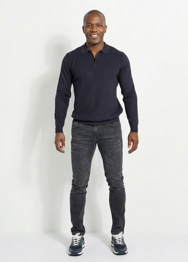 Pull col polo zippé, maille chevrons Marine