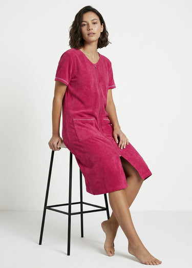 Peignoir de bain éponge coton uni zippé Rose
