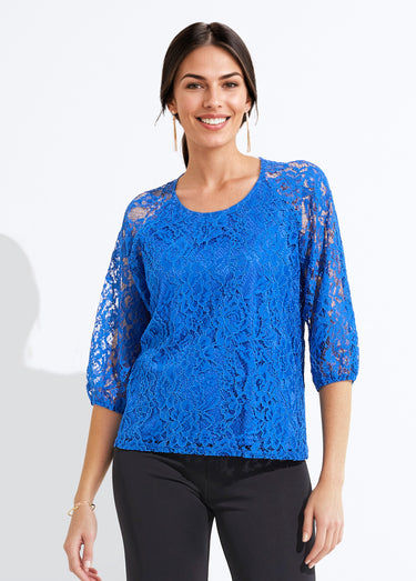 T-shirt dentelle col rond manches 3/4 raglan Bleu Dur