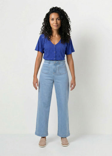 T-shirt col V effet broderie manches courtes Bleu Dur