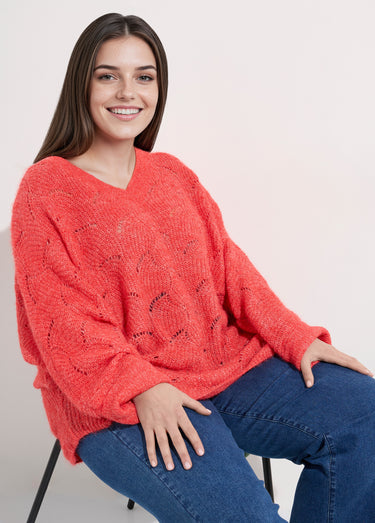 Pull oversize, maille écailles avec laine Corail