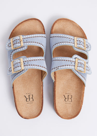 Mules folk à boucles, semelle type liège Bleu