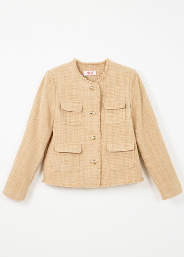 Veste tweed boutonnée frangée sans col Amande