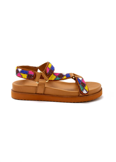 Sandales semelle ergonomique brides avec perles Marron