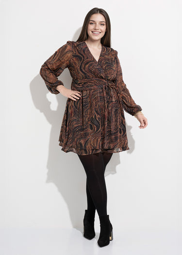 Robe col V, voile fantaisie métallisé Imprime