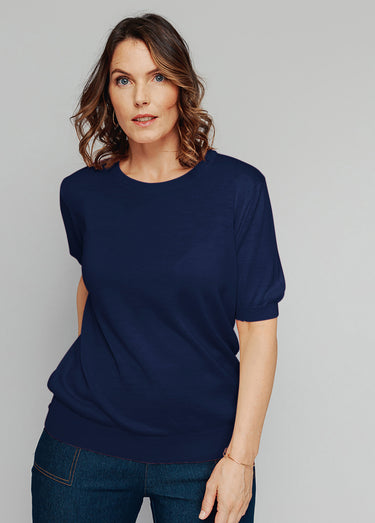 Pull laine mérinos chaud manches courtes Marine