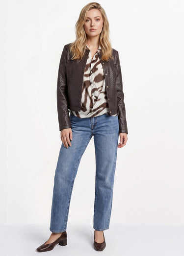 Veste col rond chic, simili cuir tressé Chocolat