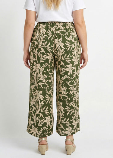 Pantalon taille élastiquée, motif fleuri Kaki/Beige