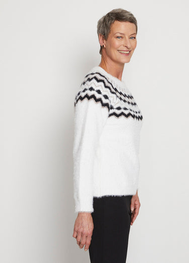 Pull col rond maille poilue jacquard soleil Blanc