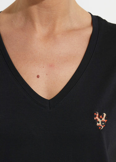 T-shirt col V broderie léopard fluo Noir