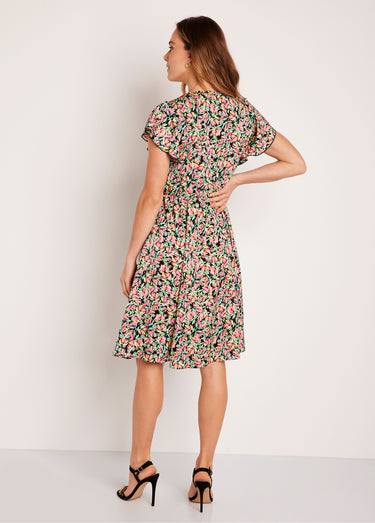 Robe courte volantée satin fleuri Vert/Rose