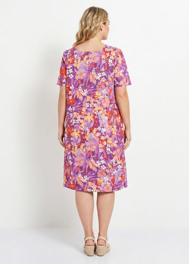 Robe-tablier courte manches courtes Violet/Orange