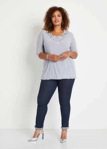 T-shirt long ample résille brodée Argent