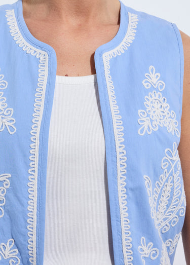 Gilet brodé sans manches toile coton Bleu / Écru