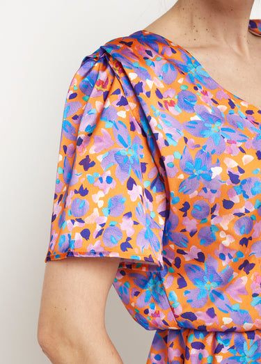 Robe courte satinée col V, motif fleuri Orange/Violet