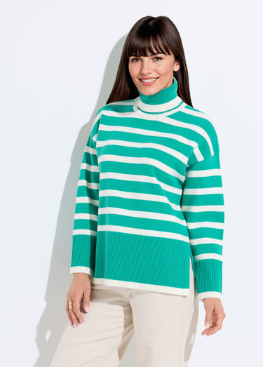 Pull col roulé manches longues descendues Raye Vert