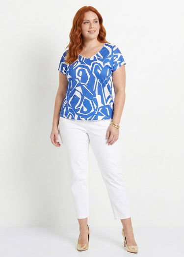 T-shirt droit court col V imprimé graphique Bleu / Blanc