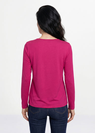 T-shirt court dentelle col V manches longues Fuchsia