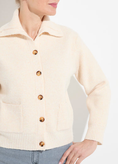 Gilet boutonné chaud côtelé avec laine et fibres recyclées Ivoire