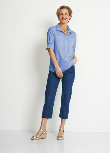 Chemisier boutonné long coton imprimé Bleu