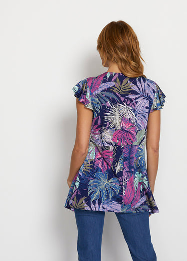 T-shirt long col V effet drapé Marine/Parme