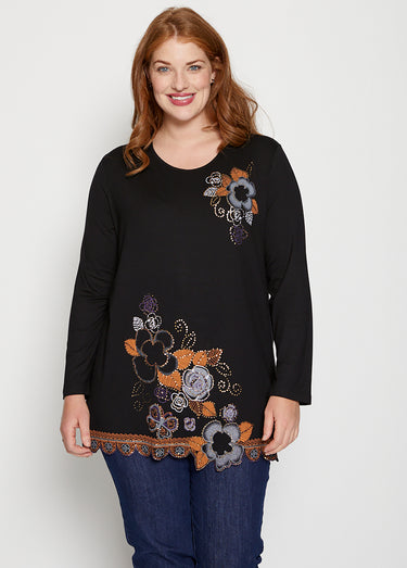 Tunique longue motif pailleté fleurs Noir