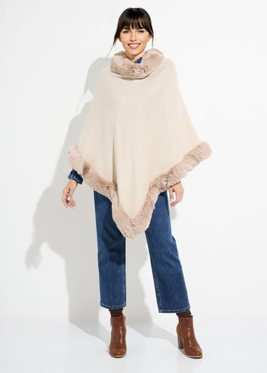 Poncho cape, bord fourrure ton sur ton Ecru