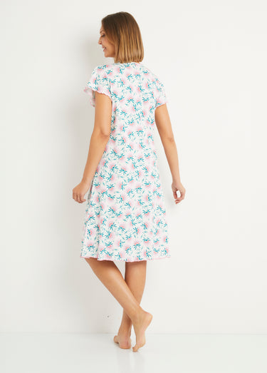 Chemise de nuit coton fleuri dentelle mi longue Rose