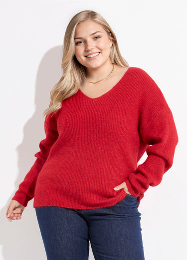 Pull col V maille mousseuse avec laine Rouge