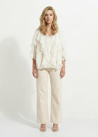 Blouse col V boutonnée à volants Blanc