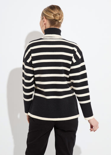 Pull col roulé manches longues descendues Raye Noir