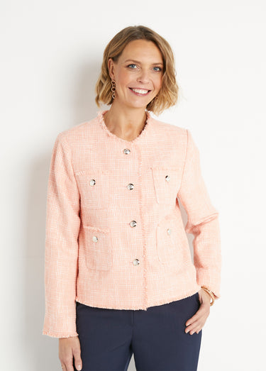 Veste sans col boutonnée courte tissu natté uni Abricot