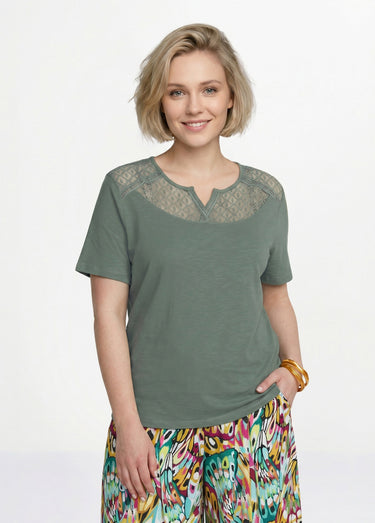 T-shirt coton maille flammée dentelle Kaki