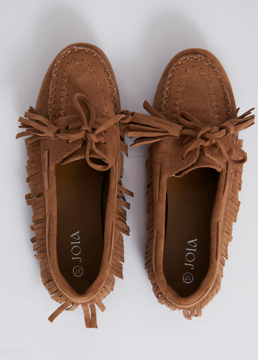 Mocassins avec franges et nœud pompons Camel