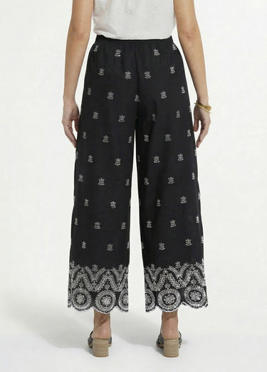 Pantalon large coton brodé taille élastiquée Noir / Blanc