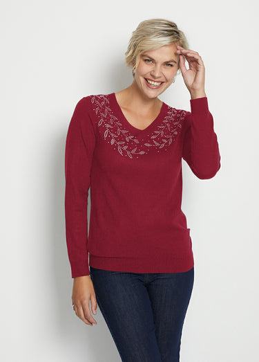 Pull col V strassé manches longues Bordeaux